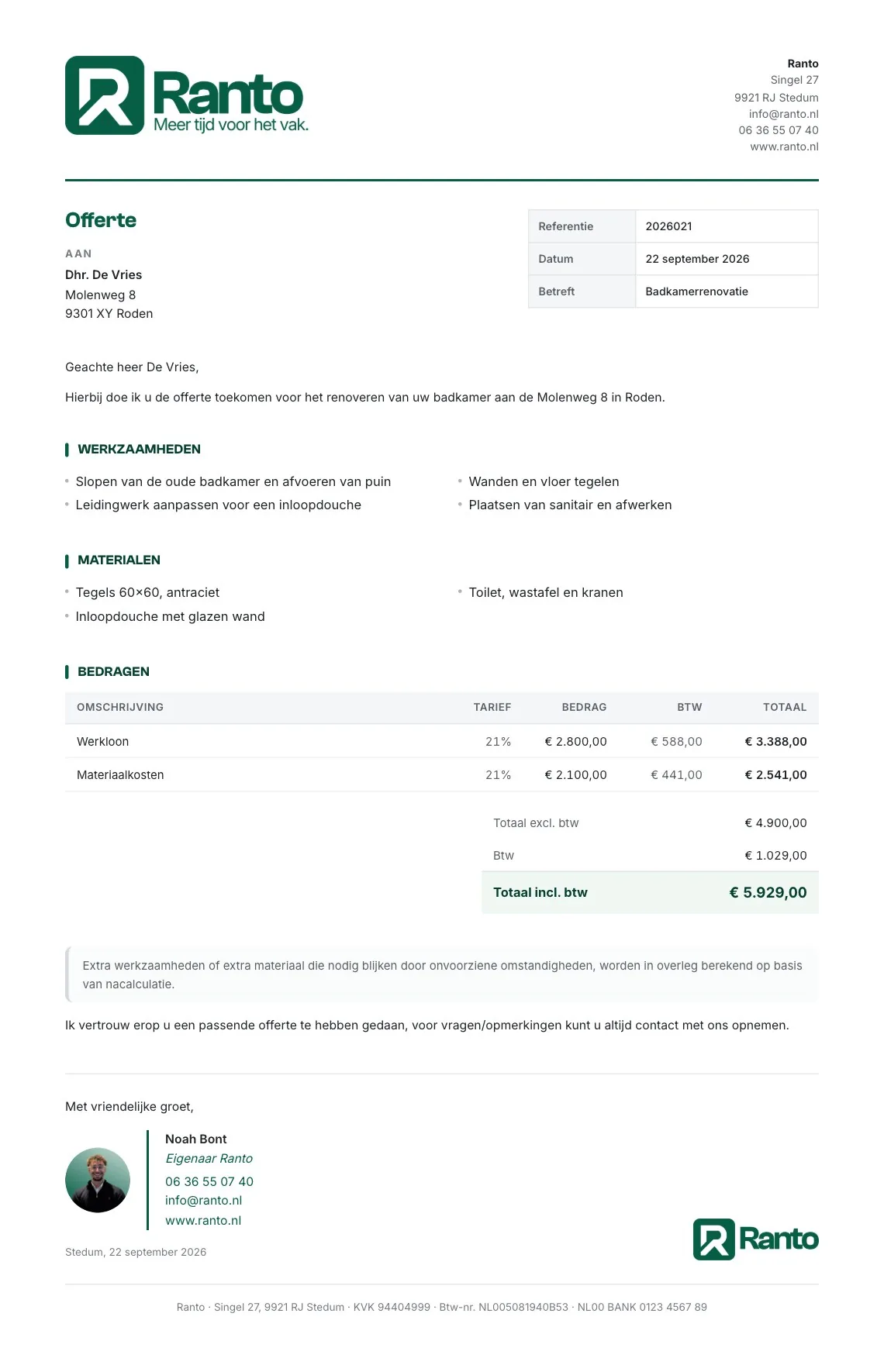 Voorbeeldofferte uit Ranto CRM voor een badkamerrenovatie, met werkzaamheden, materialen, werkloon, materiaalkosten, btw en de handtekening van Noah Bont