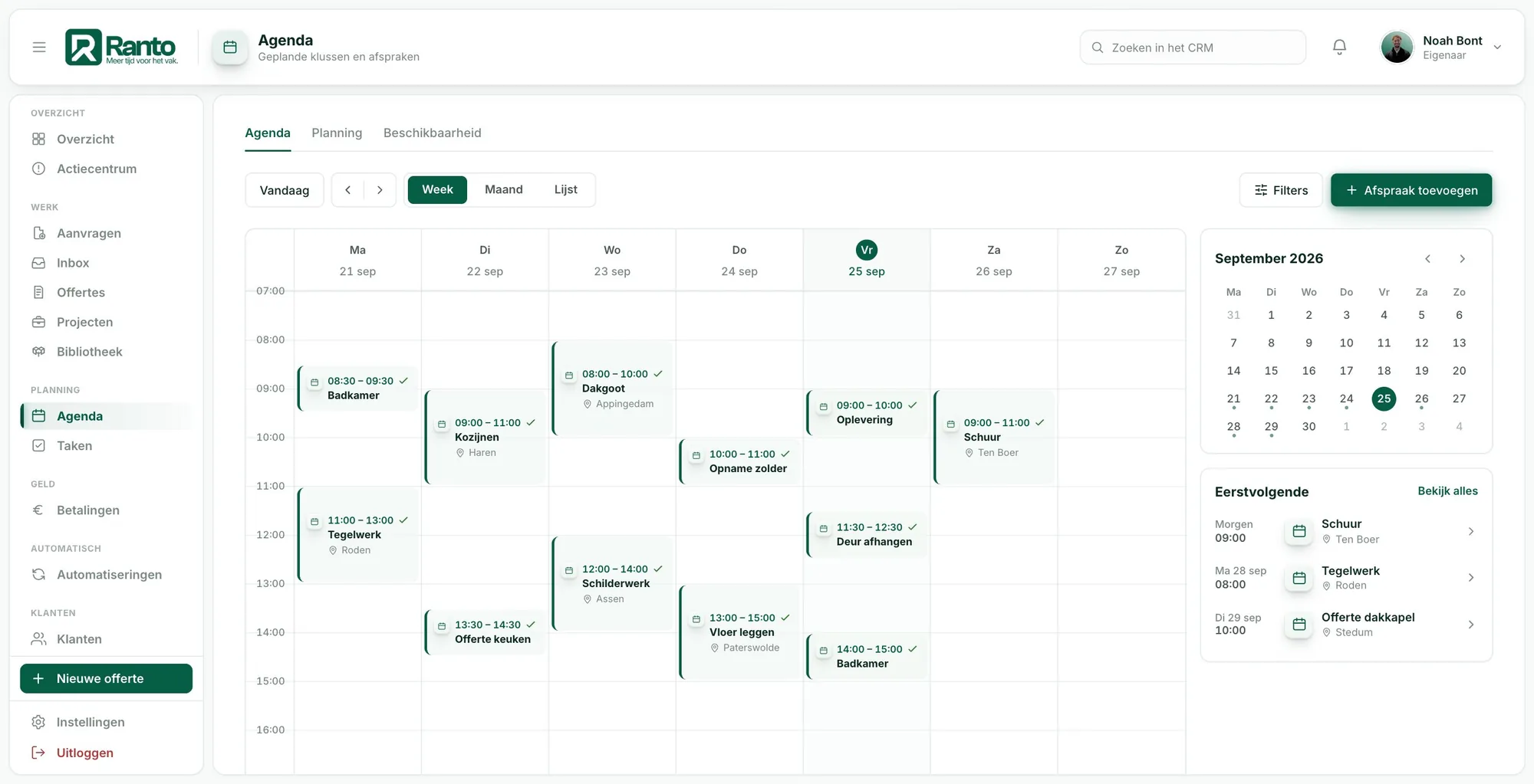 Weekplanning in de agenda van Ranto CRM, met klussen en bezoeken per dag