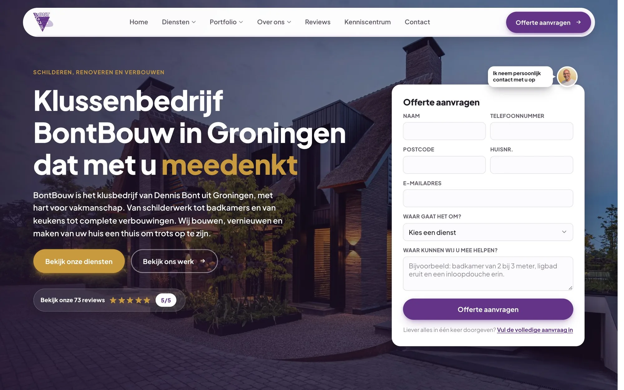 Website van klusbedrijf BontBouw in Groningen, gemaakt door Ranto, met een offerteformulier